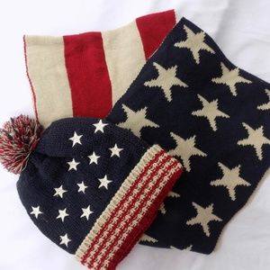 Knit American Flag Scarf and Beanie Set